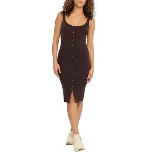 Sanctuary Chocolate Button-Front Fitted Midi Sweater Dress Medium